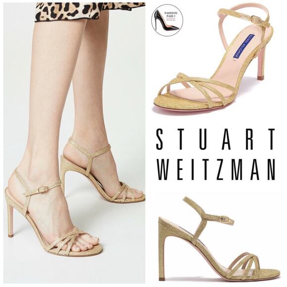 Stuart Weitzman Starla Gold Sandal 3.5"Slim Heel Open Toe Glitter Ankle Strap 10 - Picture 10 of 10